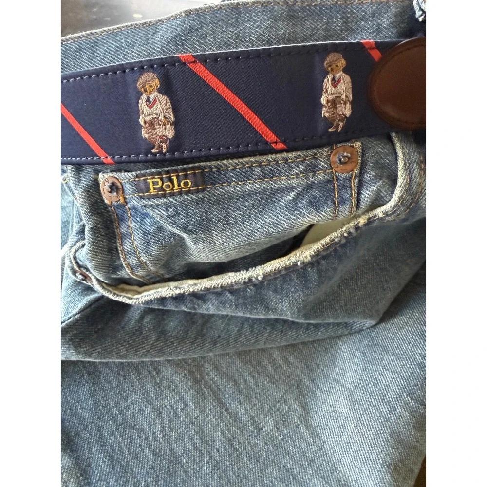 Polo Ralph Lauren Mens Polo Bear‎ Silk Leather Belt Navy Red Stripe Size 42 NEW